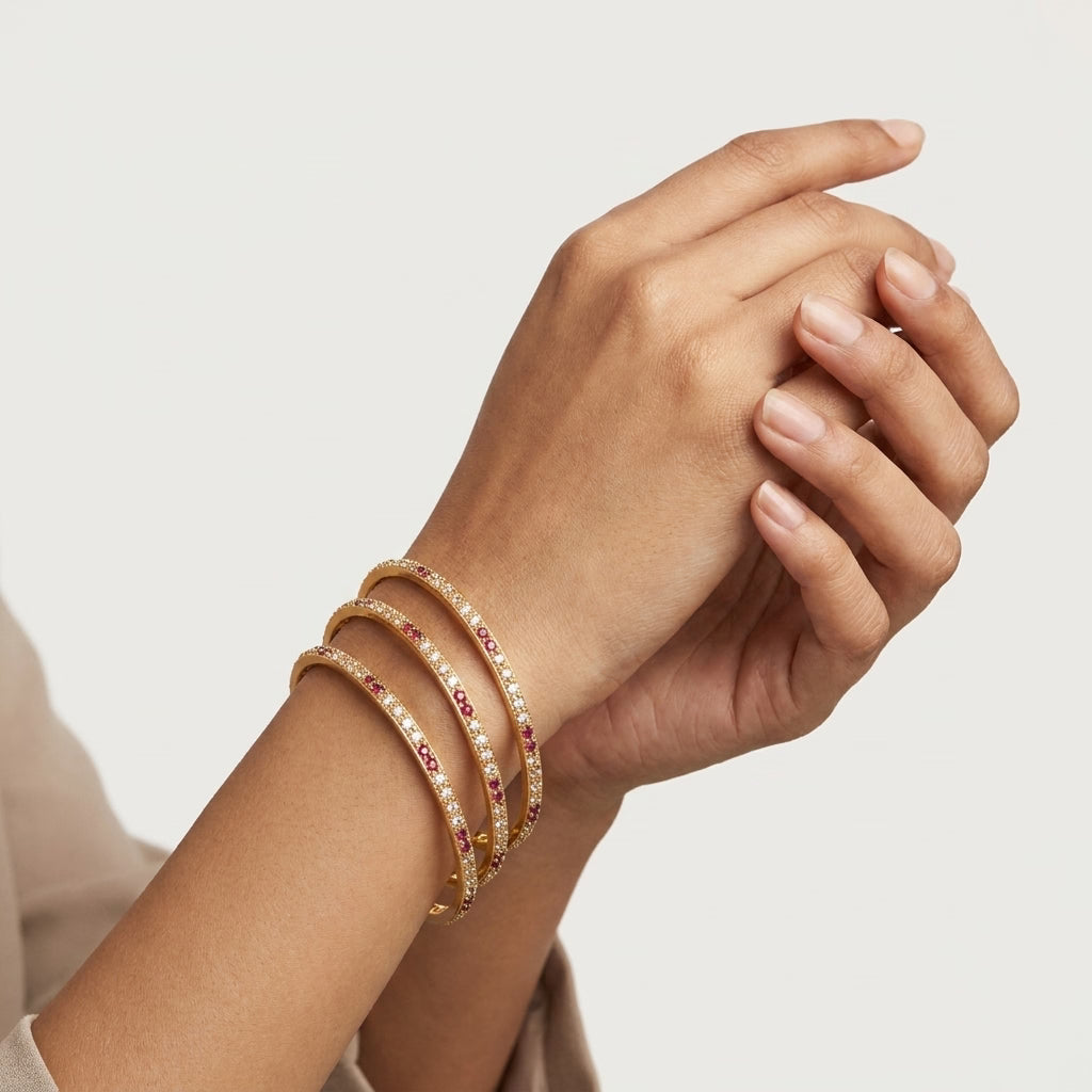 roselle spark gold plated american diamond & ruby stone bangles for women | premium designer bangle set