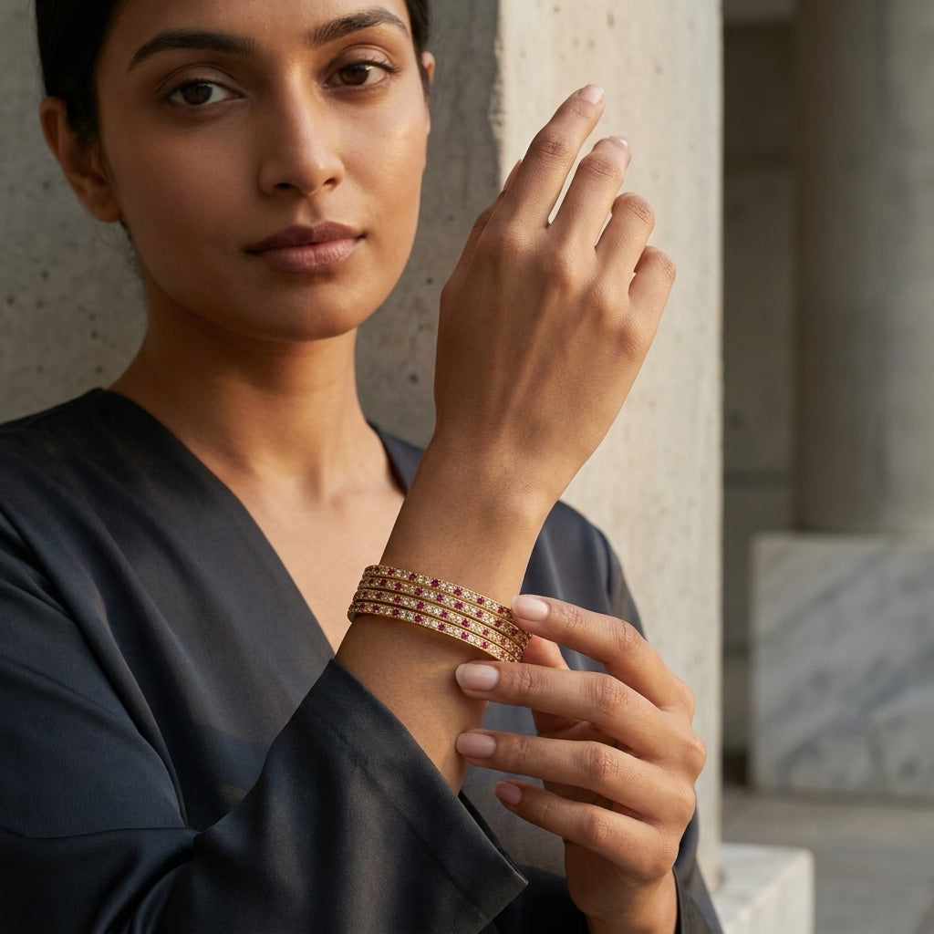 roselle spark gold plated american diamond & ruby stone bangles for women | premium designer bangle set