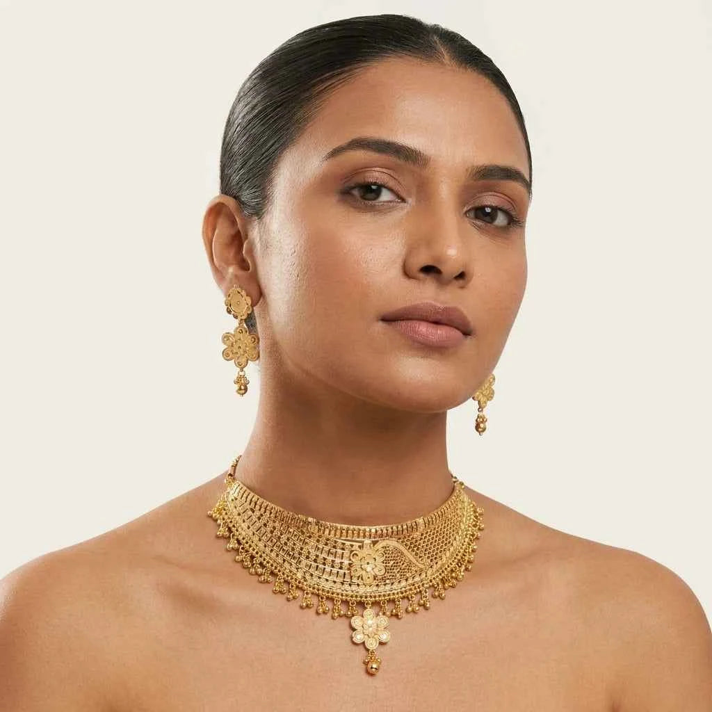 Premium Gold Plated Floral Designer Choker Necklace Set for Women | Luxury Wedding Jewellery - GEHNA OFFICIAL