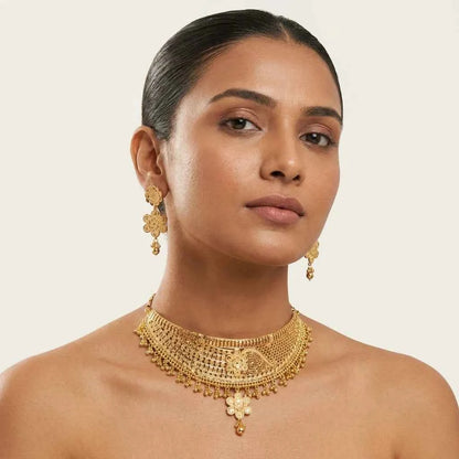 Premium Gold Plated Floral Designer Choker Necklace Set for Women | Luxury Wedding Jewellery