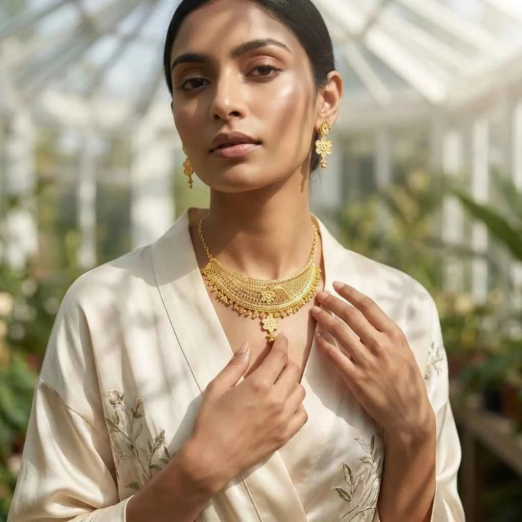 Premium Gold Plated Floral Designer Choker Necklace Set for Women | Luxury Wedding Jewellery - GEHNA OFFICIAL