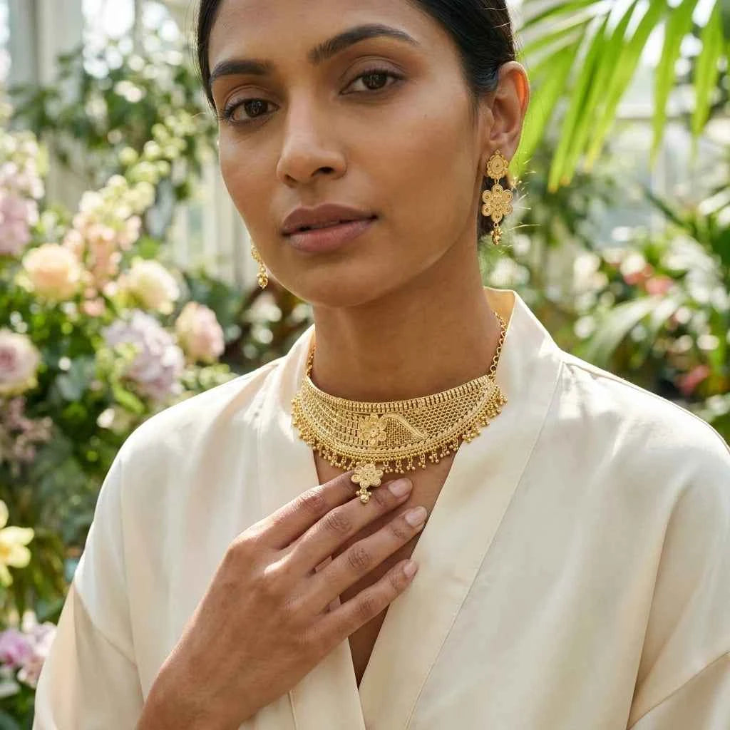 Premium Gold Plated Floral Designer Choker Necklace Set for Women | Luxury Wedding Jewellery - GEHNA OFFICIAL