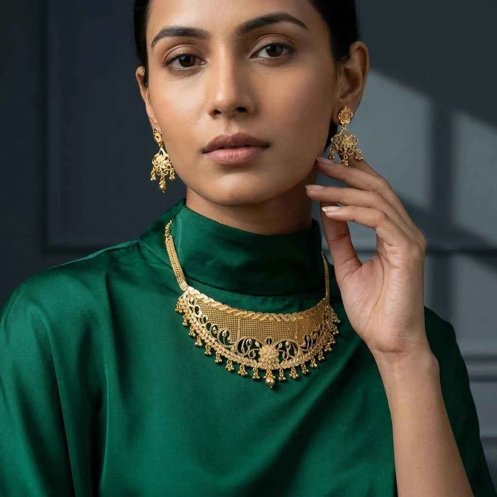 Premium Gold Plated Floral Filigree Choker Necklace Set for Women | Luxury Wedding Jewellery - GEHNA OFFICIAL