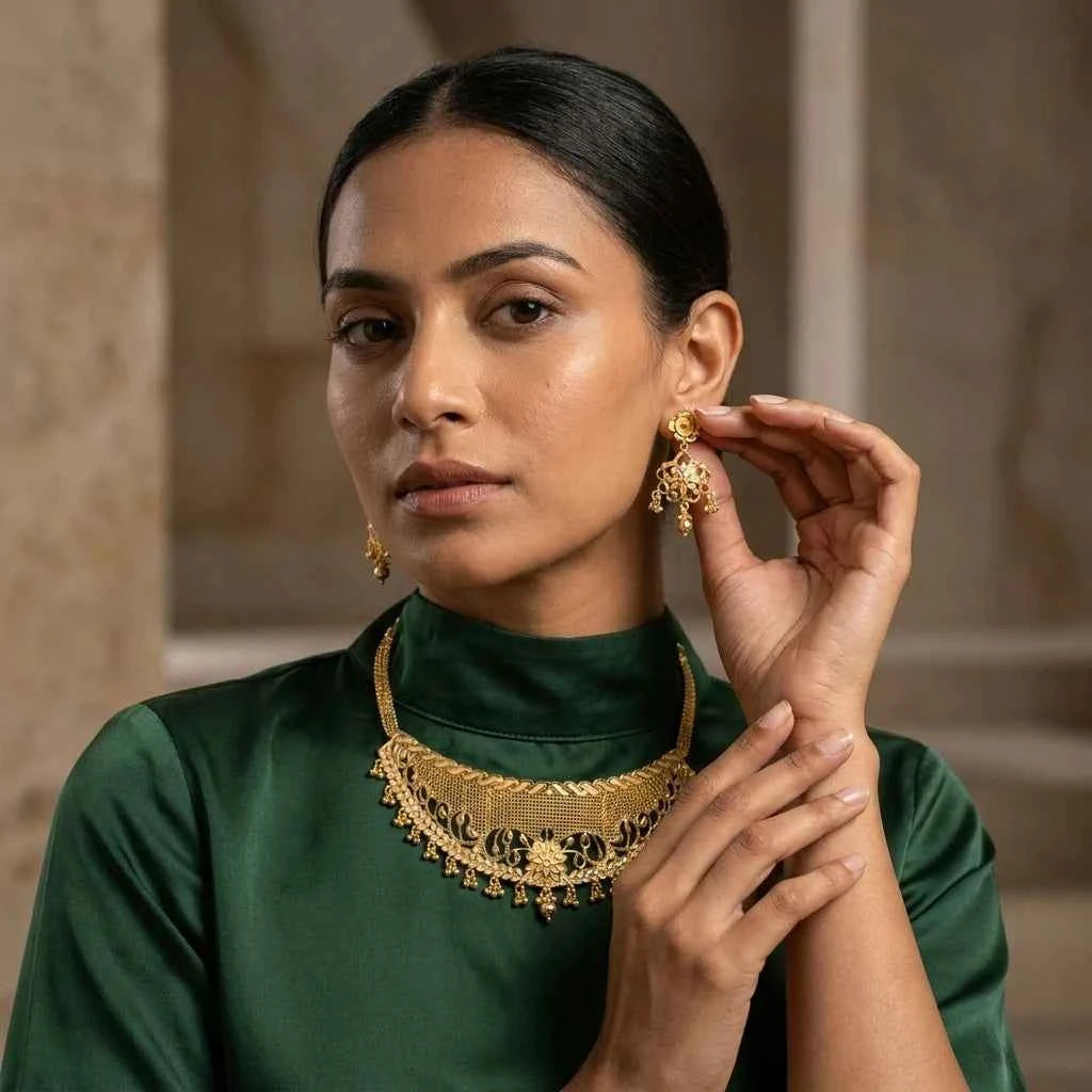 Premium Gold Plated Floral Filigree Choker Necklace Set for Women | Luxury Wedding Jewellery - GEHNA OFFICIAL