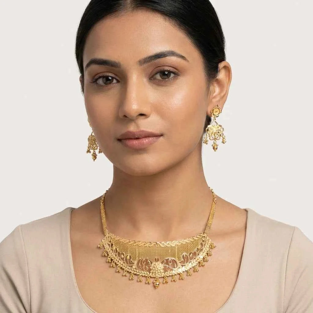 Premium Gold Plated Floral Filigree Choker Necklace Set for Women | Luxury Wedding Jewellery - GEHNA OFFICIAL