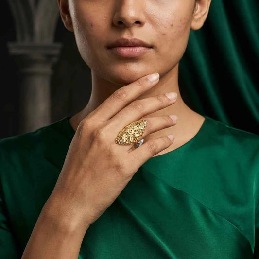 Premium Gold Plated Floral Filigree Statement Ring for Women | Adjustable Designer Ring - GEHNA OFFICIAL