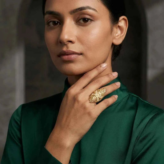 Premium Gold Plated Floral Filigree Statement Ring for Women | Adjustable Designer Ring - GEHNA OFFICIAL