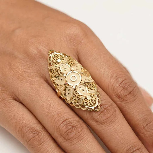 Premium Gold Plated Floral Filigree Statement Ring for Women | Adjustable Designer Ring - GEHNA OFFICIAL