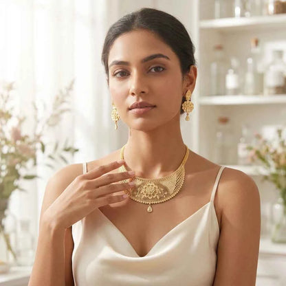 Premium Gold Plated Floral Heritage Bridal Necklace Set for Women | Luxury Designer Jewellery