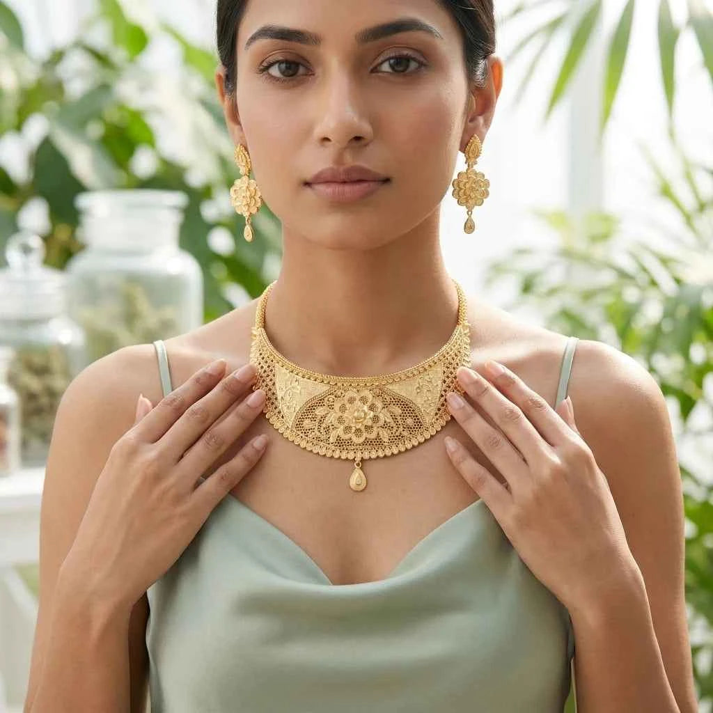 Premium Gold Plated Floral Heritage Bridal Necklace Set for Women | Luxury Designer Jewellery - GEHNA OFFICIAL