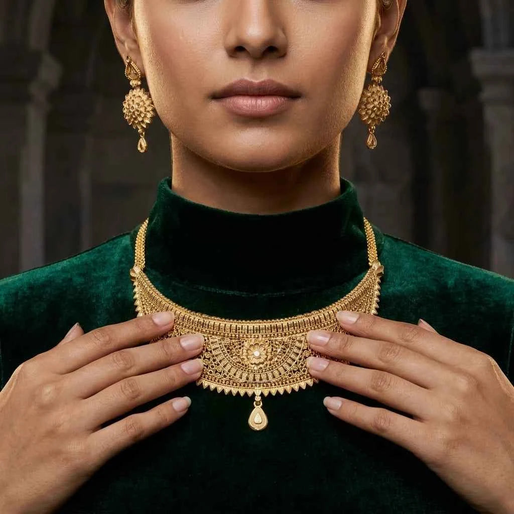 Premium Gold Plated Floral Heritage Necklace Set for Women | Luxury Designer Wedding Jewellery - GEHNA OFFICIAL
