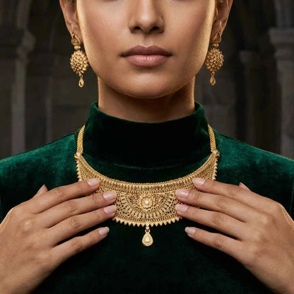 Premium Gold Plated Floral Heritage Necklace Set for Women | Luxury Designer Wedding Jewellery