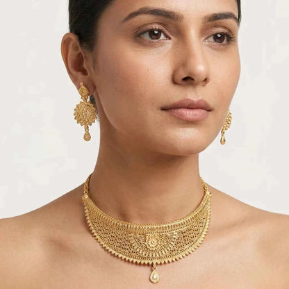 Premium Gold Plated Floral Heritage Necklace Set for Women | Luxury Designer Wedding Jewellery