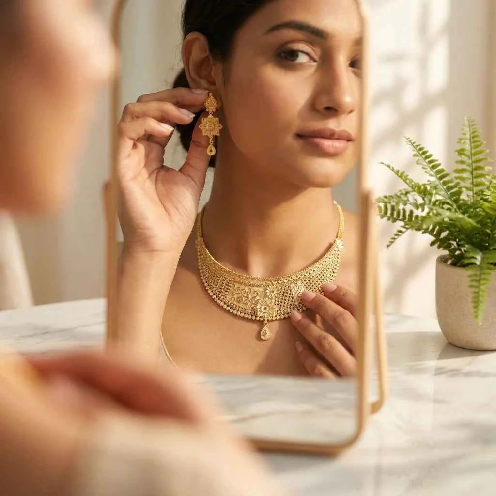 Premium Gold Plated Floral Heritage Statement Necklace Set for Women | Luxury Designer Wedding Jewellery - GEHNA OFFICIAL