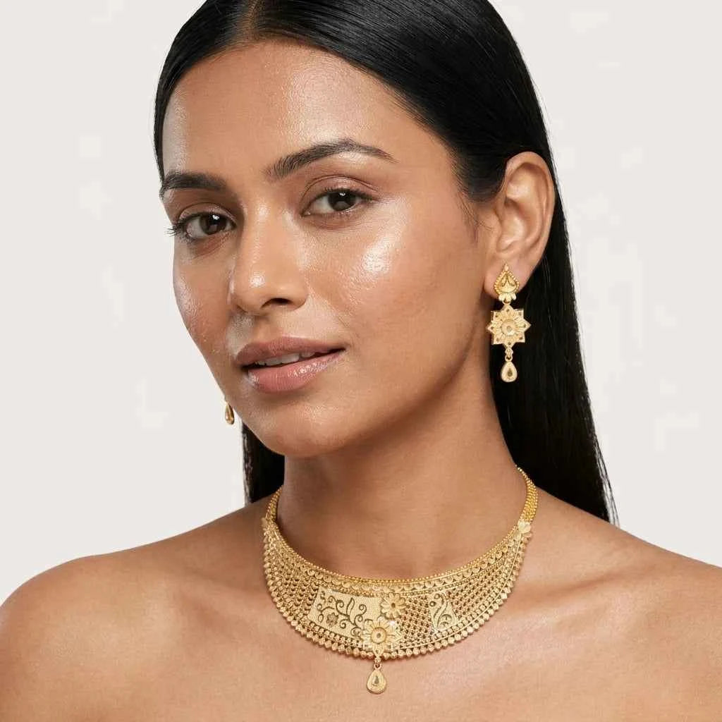Premium Gold Plated Floral Heritage Statement Necklace Set for Women | Luxury Designer Wedding Jewellery - GEHNA OFFICIAL