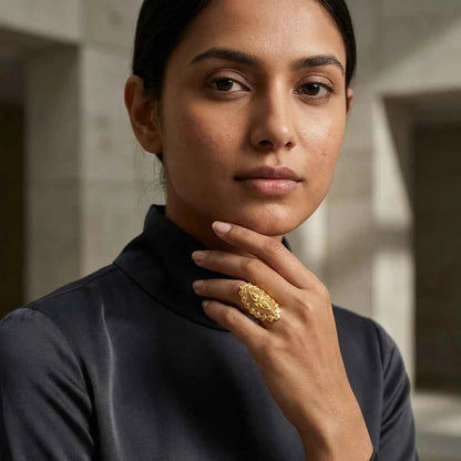 Premium Gold Plated Geometric Filigree Statement Ring for Women | Adjustable Designer Cocktail Ring