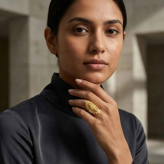Premium Gold Plated Geometric Filigree Statement Ring for Women | Adjustable Designer Cocktail Ring - GEHNA OFFICIAL