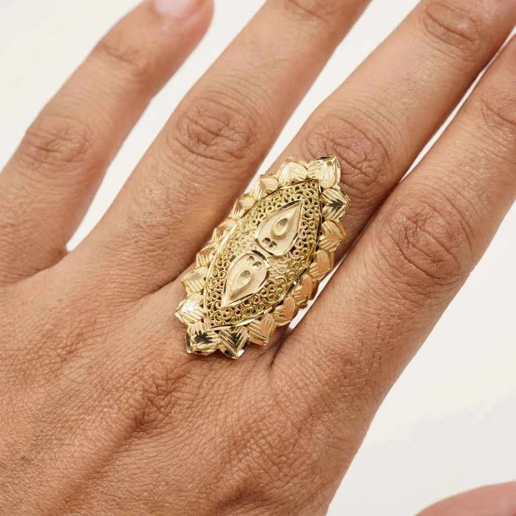 premium gold plated geometric filigree statement ring for women | adjustable designer cocktail ring