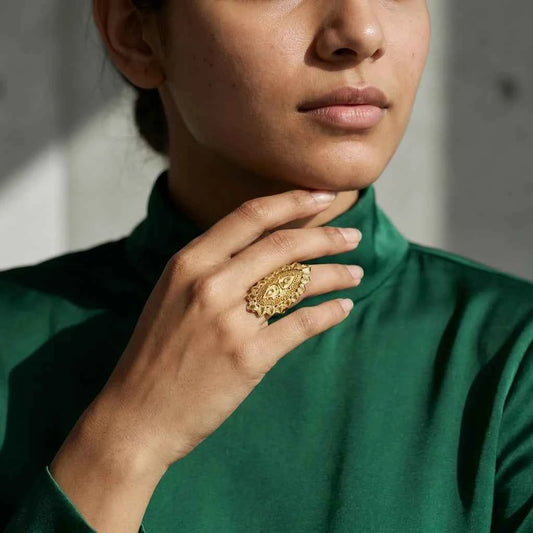 Premium Gold Plated Geometric Filigree Statement Ring for Women | Adjustable Designer Cocktail Ring - GEHNA OFFICIAL