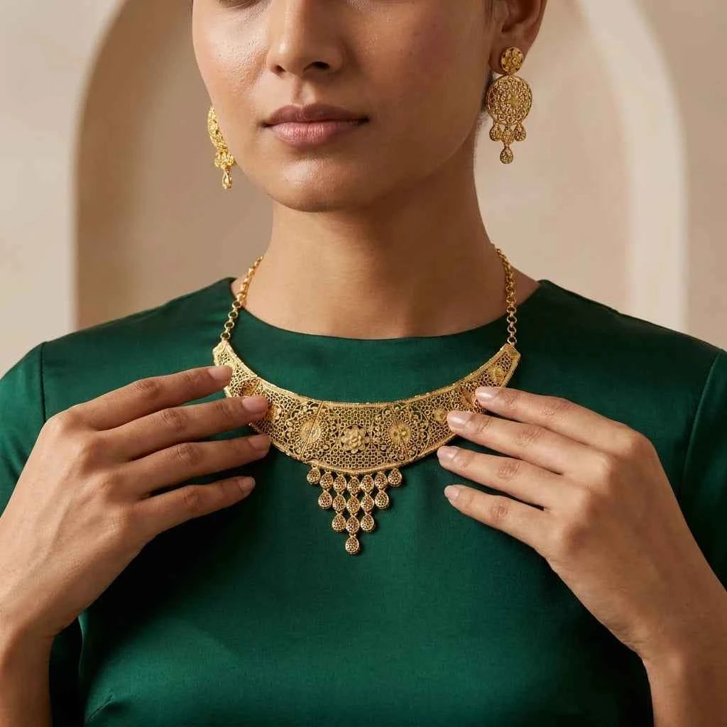 Premium Gold Plated Filigree Bridal Necklace Set for Women | Luxury Designer Wedding Jewellery - GEHNA OFFICIAL