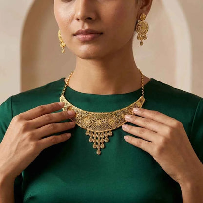 Premium Gold Plated Filigree Bridal Necklace Set for Women | Luxury Designer Wedding Jewellery