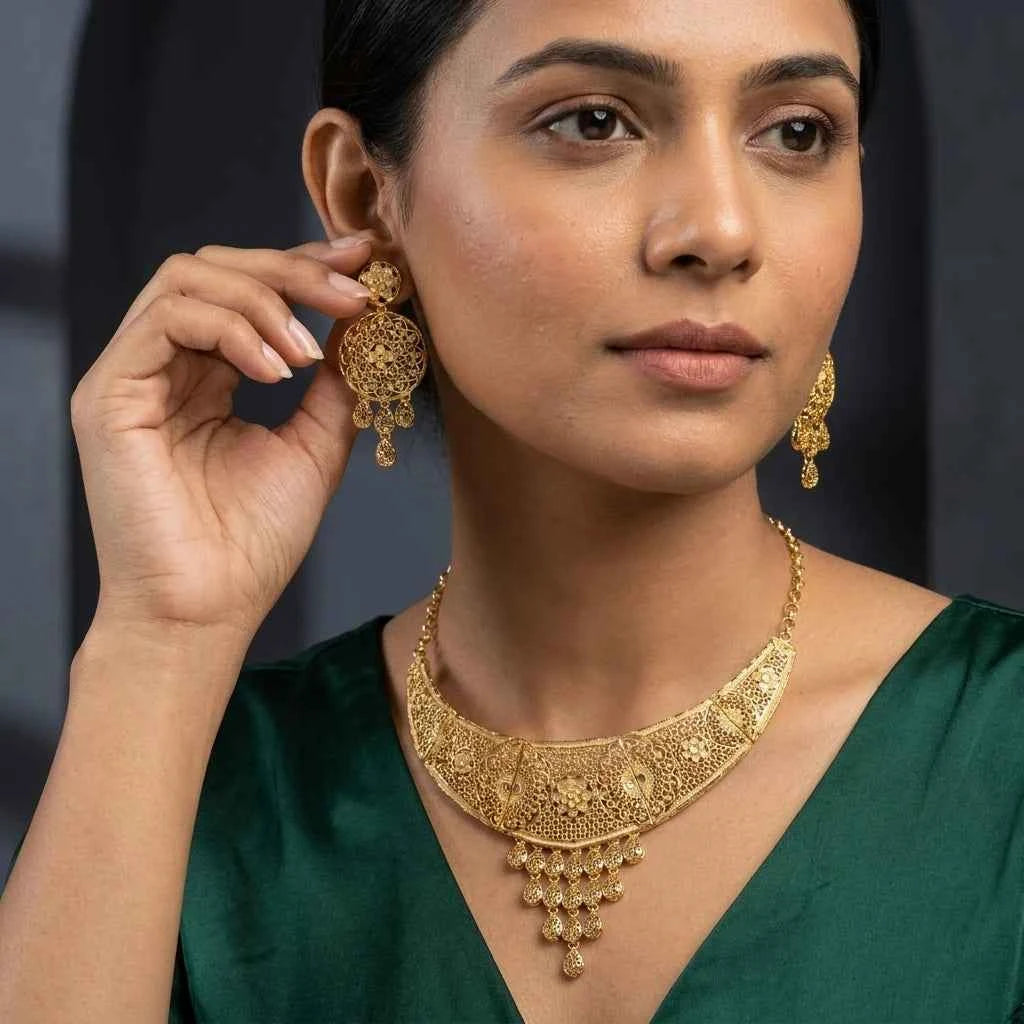 Premium Gold Plated Filigree Bridal Necklace Set for Women | Luxury Designer Wedding Jewellery - GEHNA OFFICIAL