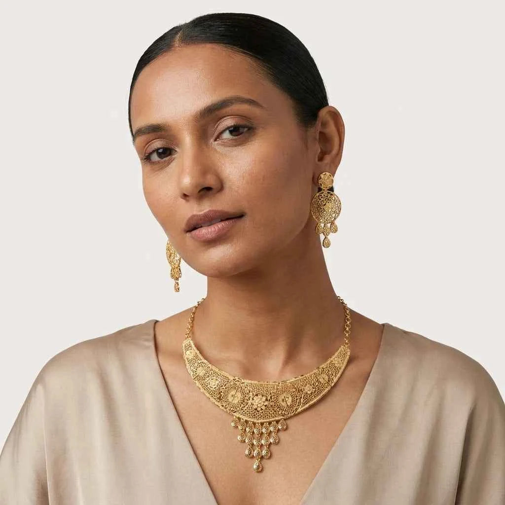 Premium Gold Plated Filigree Bridal Necklace Set for Women | Luxury Designer Wedding Jewellery - GEHNA OFFICIAL