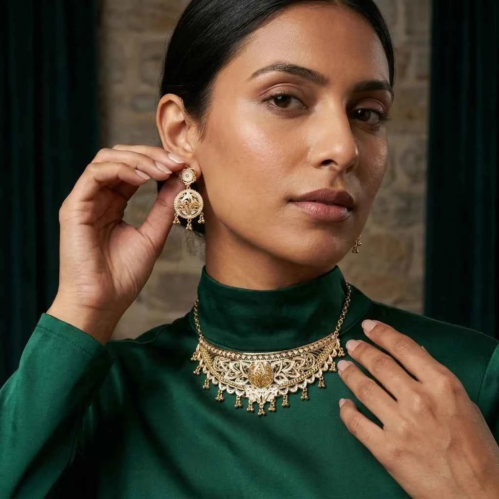 premium gold plated designer choker necklace set for women | luxury wedding jewellery
