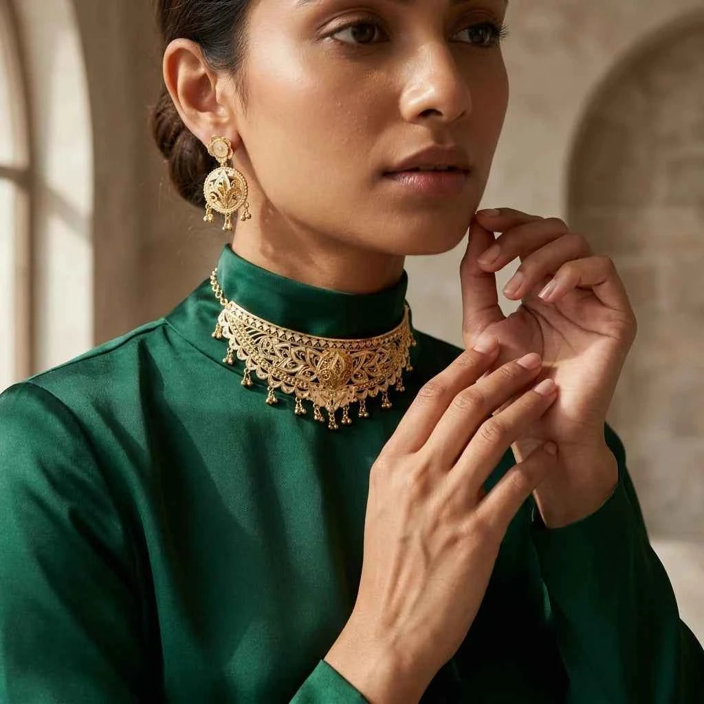 Premium Gold Plated Designer Choker Necklace Set for Women | Luxury Wedding Jewellery - GEHNA OFFICIAL