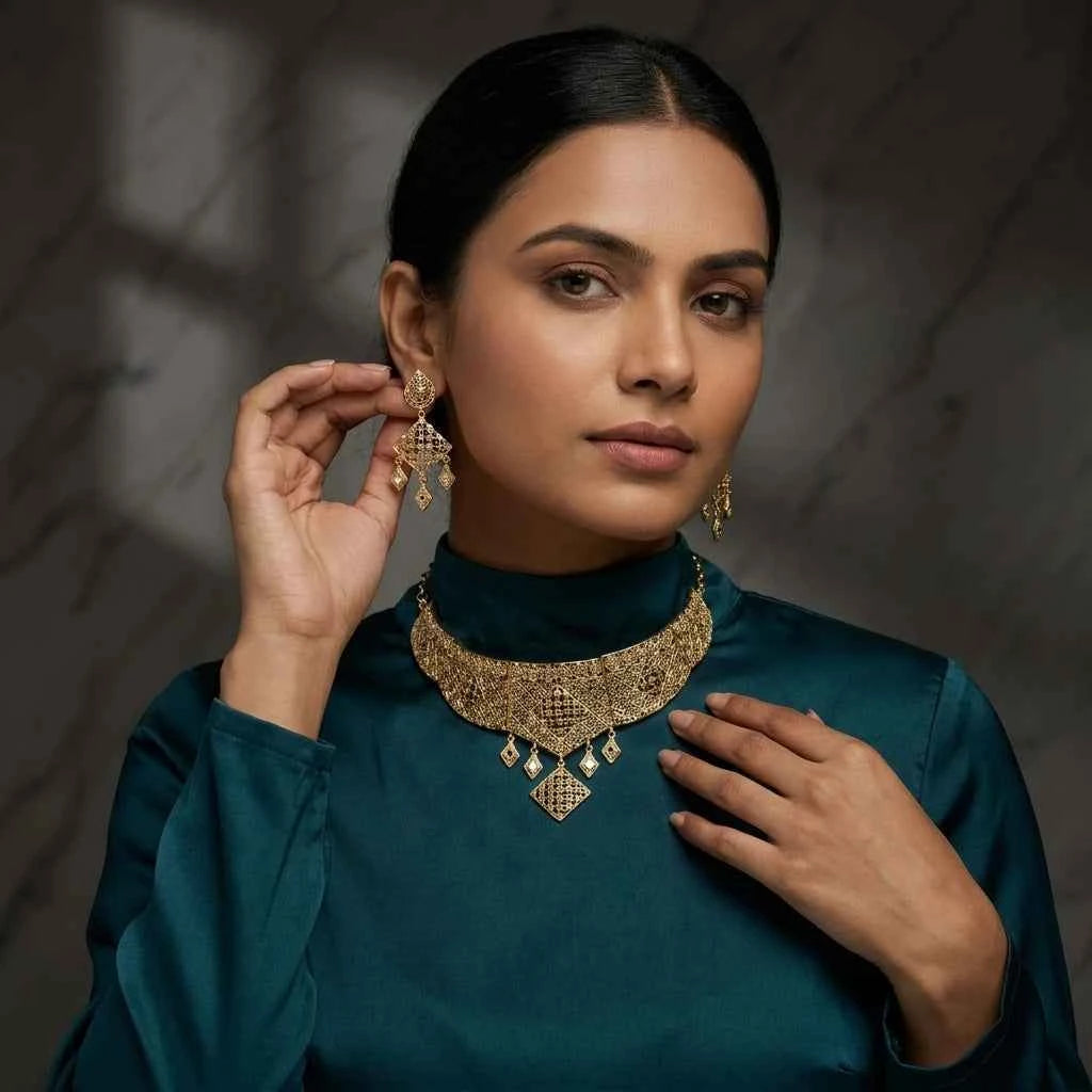 Premium Gold Plated Filigree Statement Necklace Set for Women | Luxury Designer Wedding Jewellery - GEHNA OFFICIAL