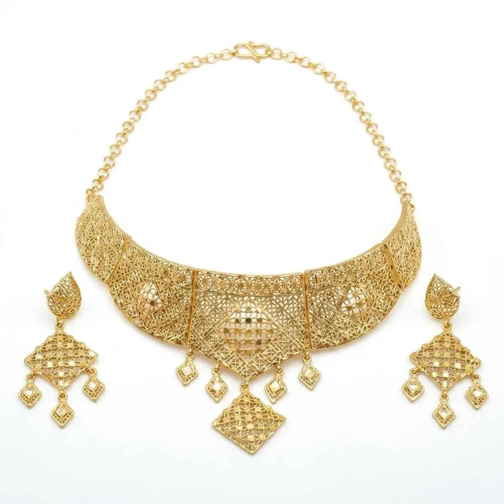 Premium Gold Plated Filigree Statement Necklace Set for Women | Luxury Designer Wedding Jewellery - GEHNA OFFICIAL