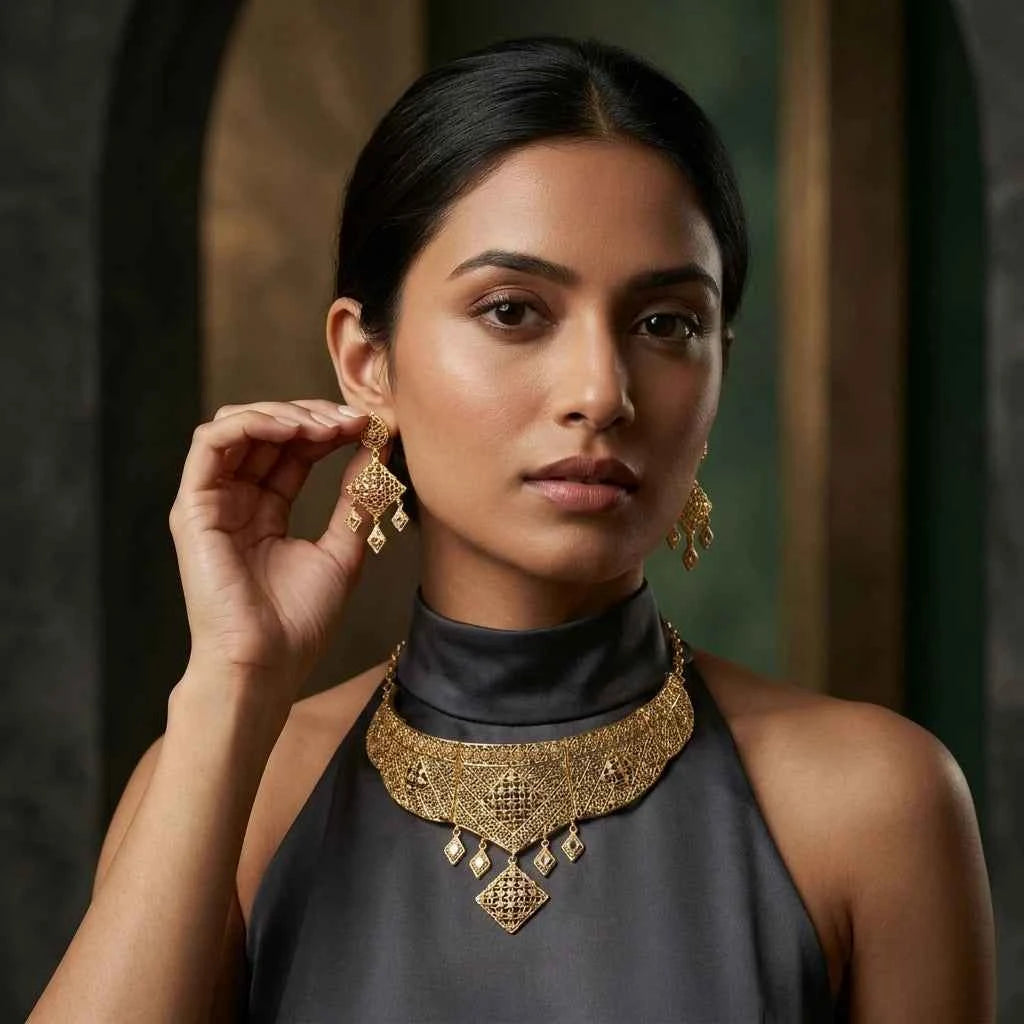 Premium Gold Plated Filigree Statement Necklace Set for Women | Luxury Designer Wedding Jewellery - GEHNA OFFICIAL