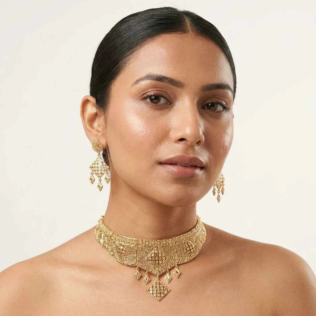 Premium Gold Plated Filigree Statement Necklace Set for Women | Luxury Designer Wedding Jewellery - GEHNA OFFICIAL