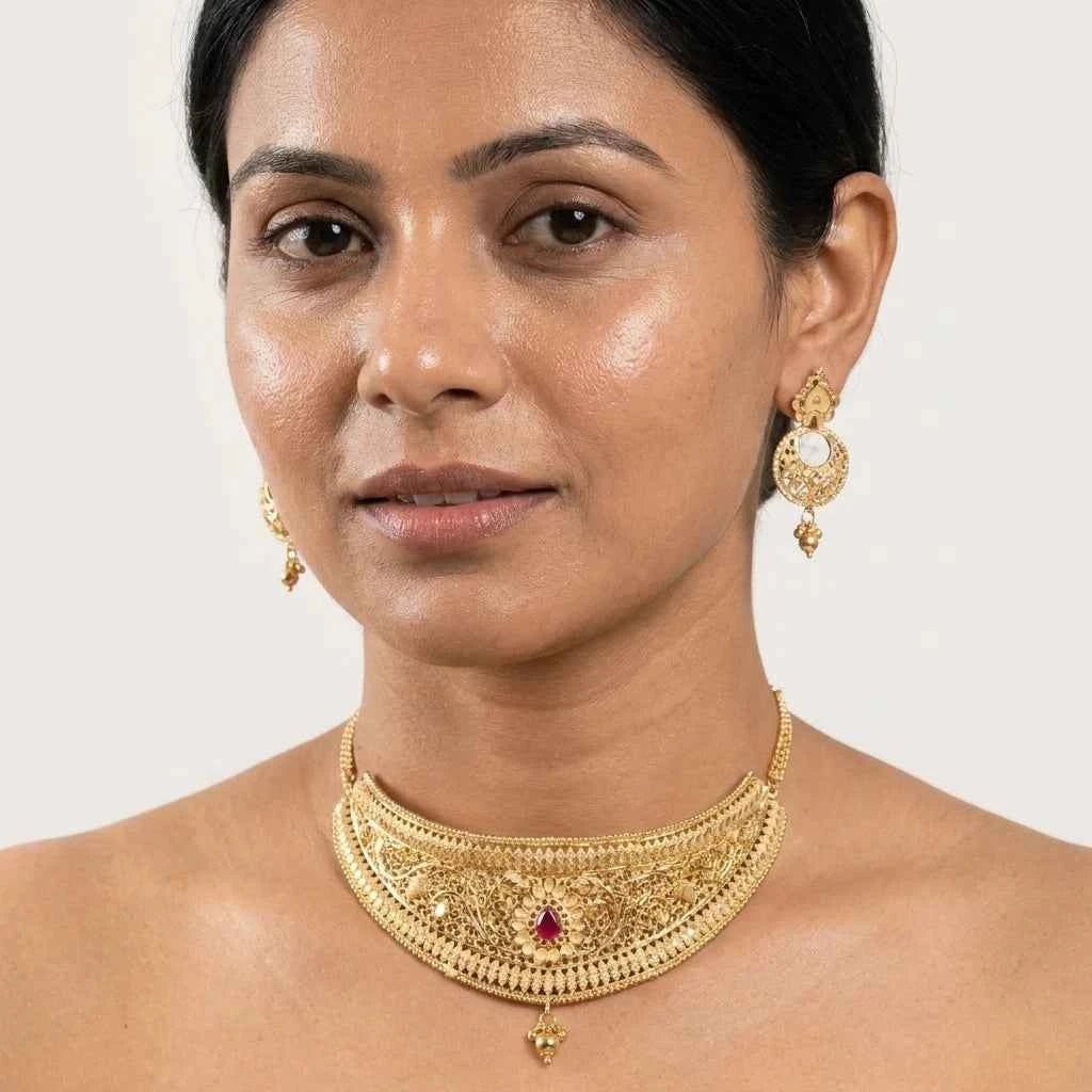 Premium Gold Plated Ruby Floral Choker Necklace Set for Women | Luxury Designer Wedding Jewellery - GEHNA OFFICIAL
