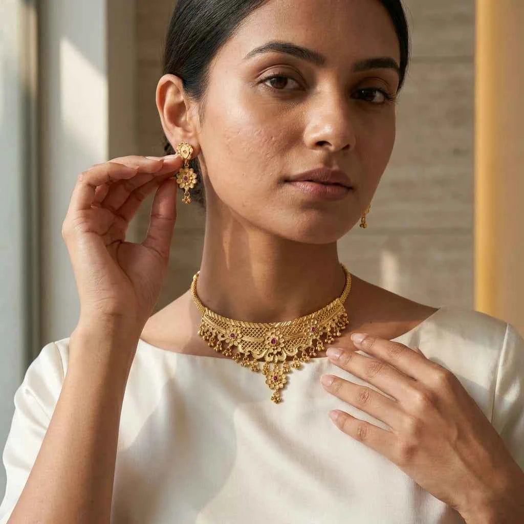 Premium Gold Plated Ruby Floral Choker Necklace Set for Women | Luxury Designer Wedding Jewellery - GEHNA OFFICIAL