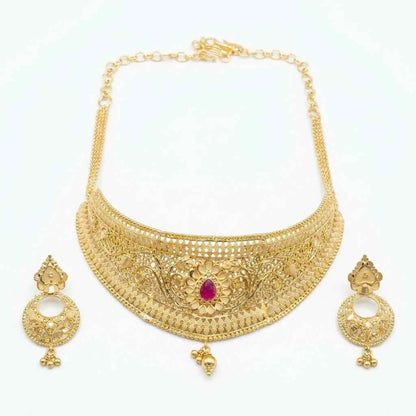 Premium Gold Plated Ruby Floral Choker Necklace Set for Women | Luxury Designer Wedding Jewellery