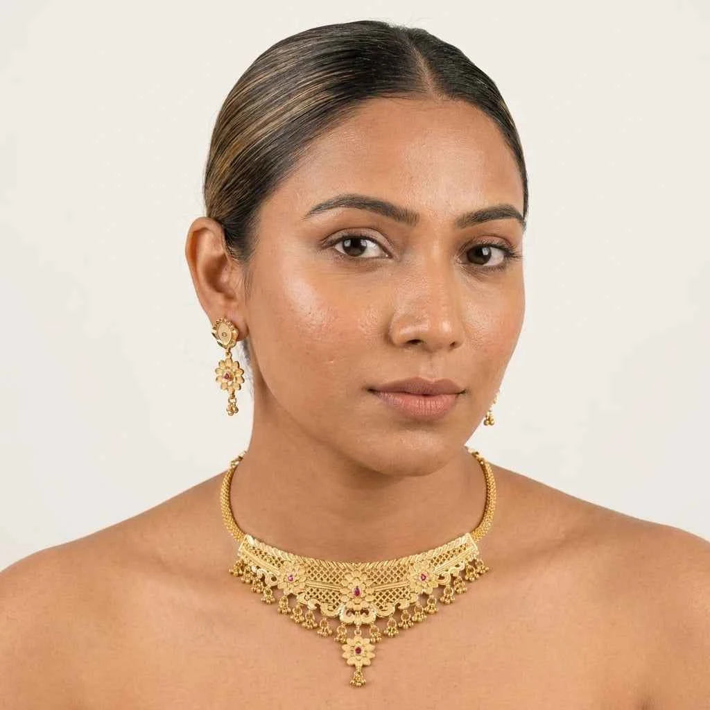 Premium Gold Plated Ruby Floral Choker Necklace Set for Women | Luxury Designer Wedding Jewellery - GEHNA OFFICIAL