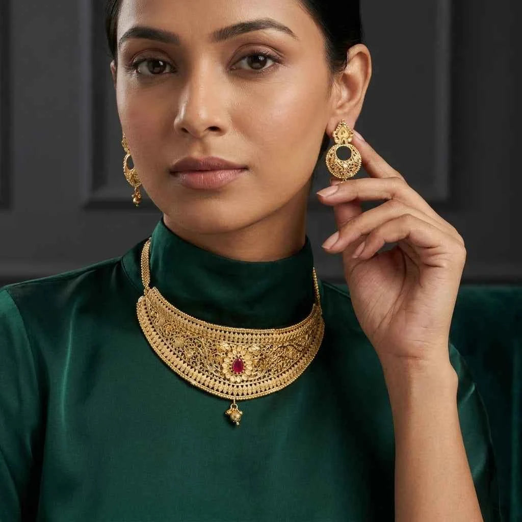 Premium Gold Plated Ruby Floral Choker Necklace Set for Women | Luxury Designer Wedding Jewellery - GEHNA OFFICIAL