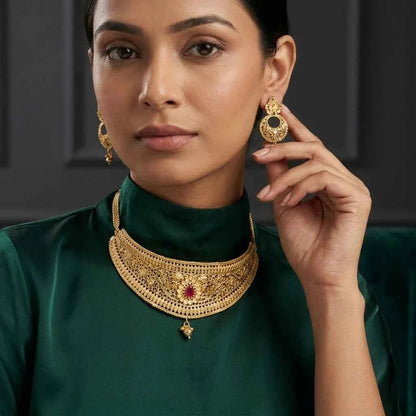 Premium Gold Plated Ruby Floral Choker Necklace Set for Women | Luxury Designer Wedding Jewellery