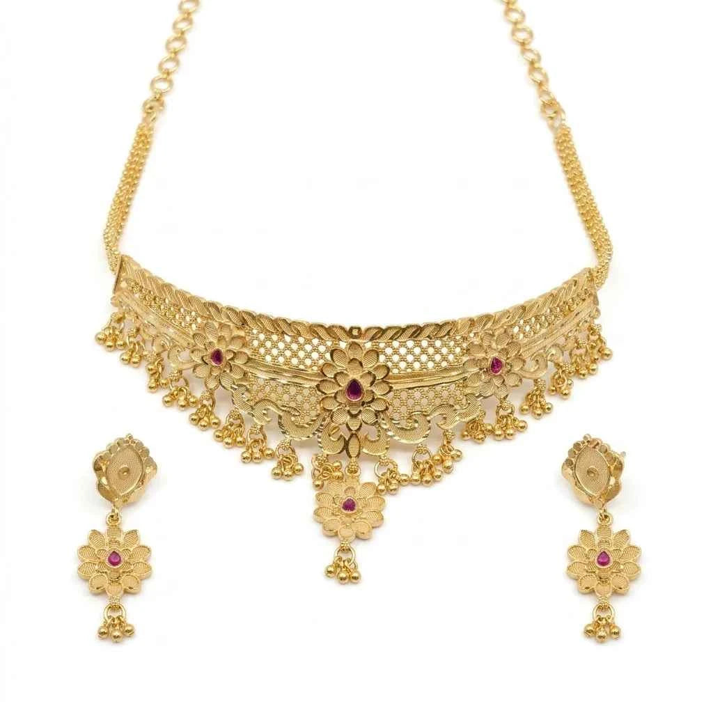 Premium Gold Plated Ruby Floral Choker Necklace Set for Women | Luxury Designer Wedding Jewellery - GEHNA OFFICIAL