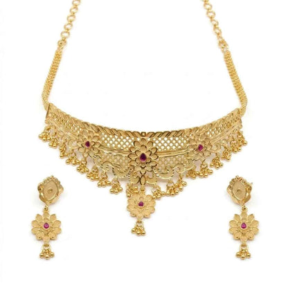 Premium Gold Plated Ruby Floral Choker Necklace Set for Women | Luxury Designer Wedding Jewellery