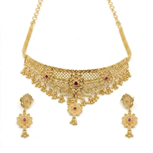 Premium Gold Plated Ruby Floral Choker Necklace Set for Women | Luxury Designer Wedding Jewellery - GEHNA OFFICIAL