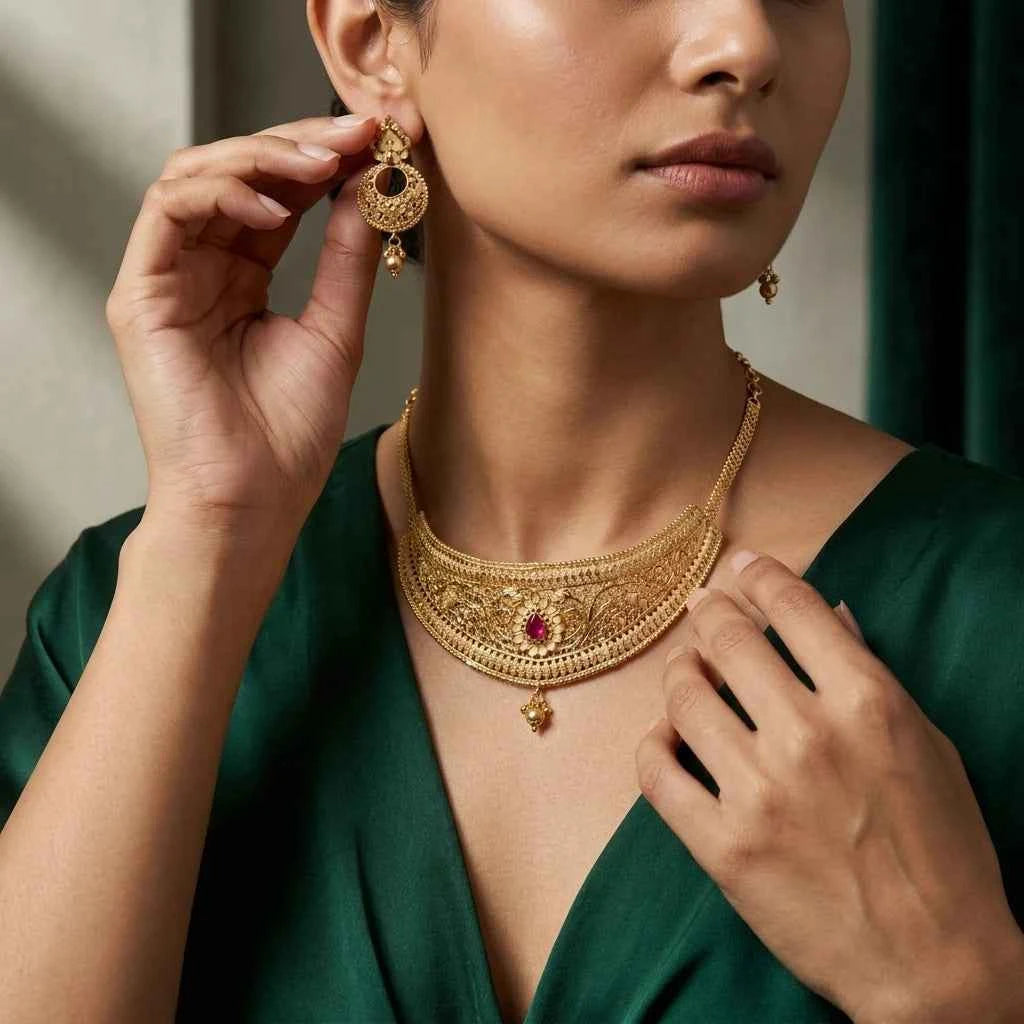 Premium Gold Plated Ruby Floral Choker Necklace Set for Women | Luxury Designer Wedding Jewellery - GEHNA OFFICIAL