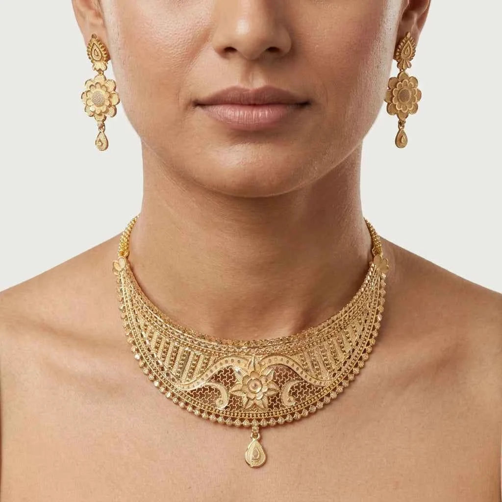 Premium Gold Plated Floral Statement Necklace Set for Women | Luxury Designer Wedding Jewellery - GEHNA OFFICIAL