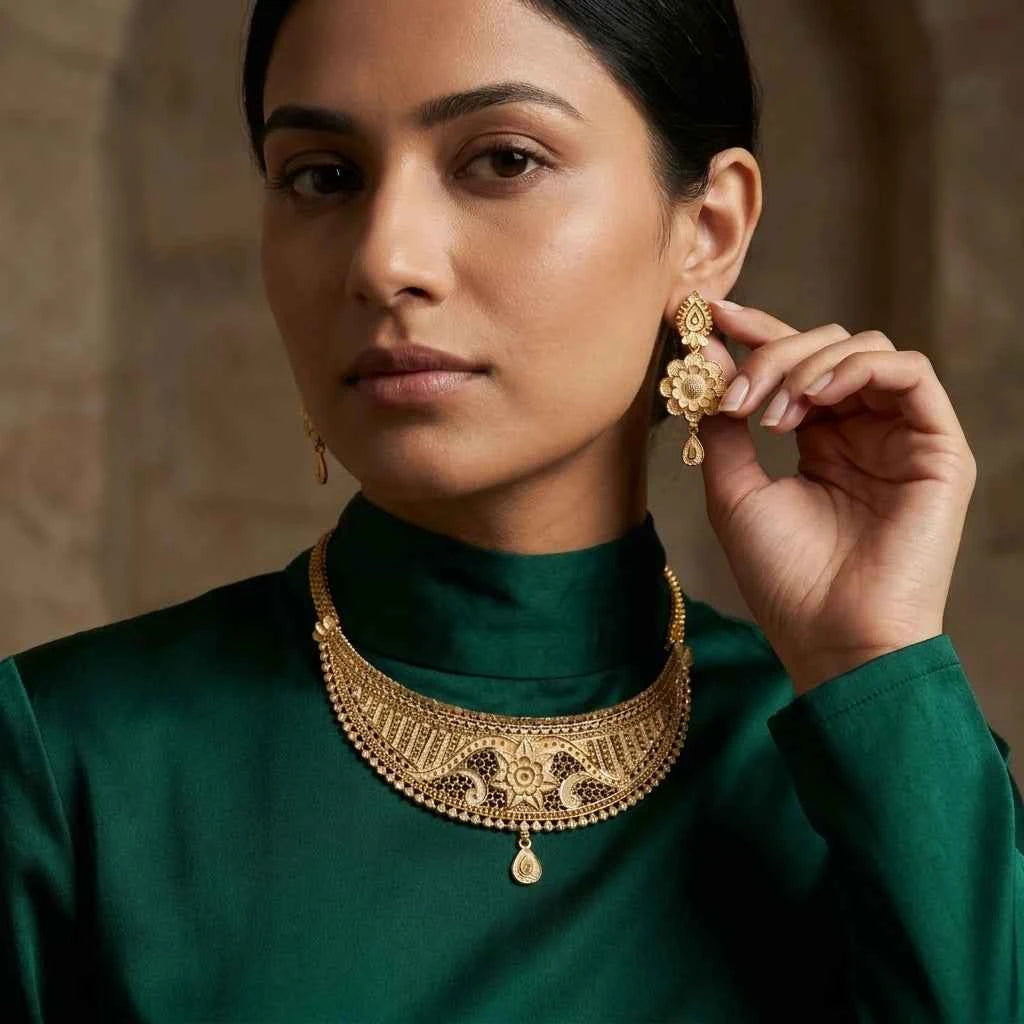 Premium Gold Plated Floral Statement Necklace Set for Women | Luxury Designer Wedding Jewellery - GEHNA OFFICIAL