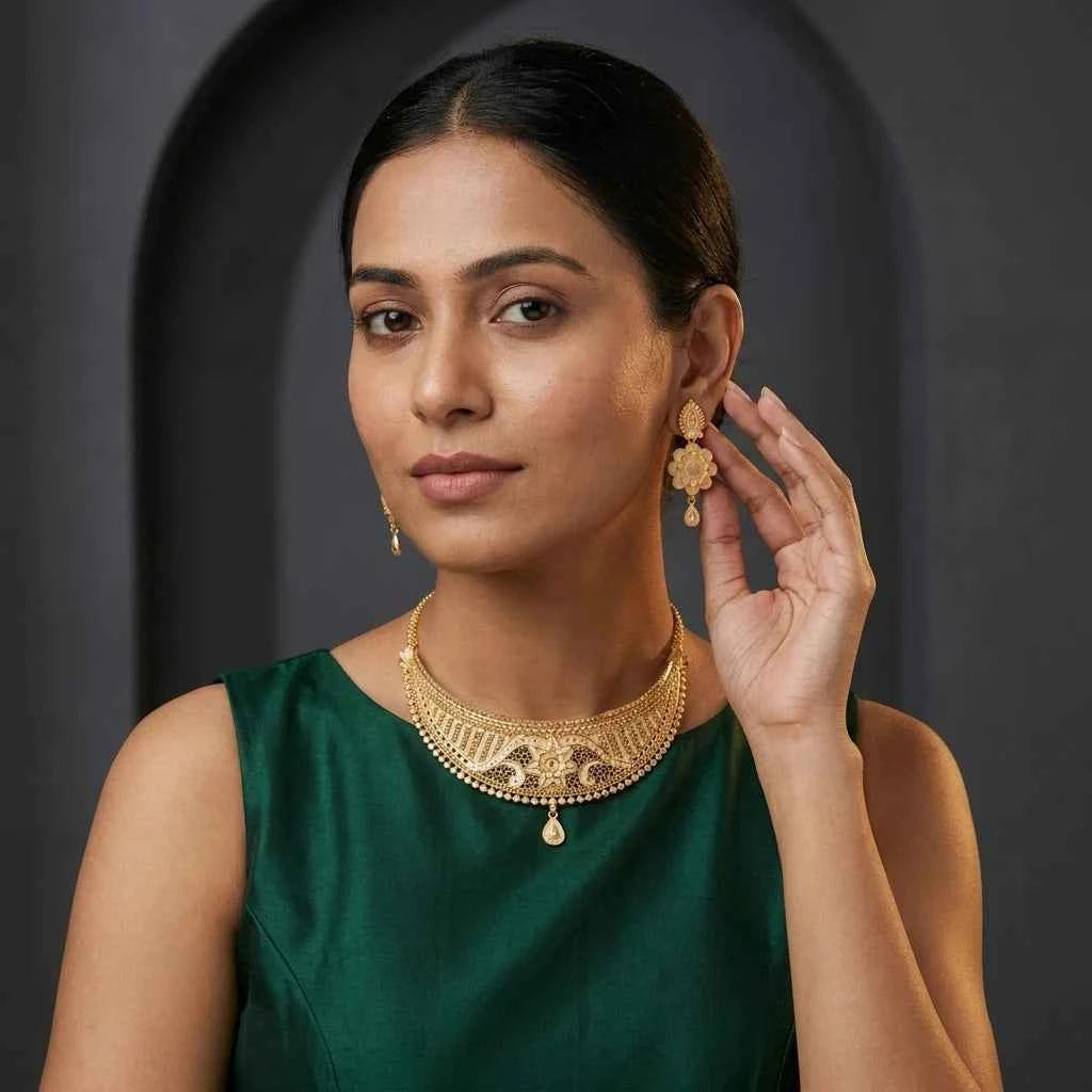 Premium Gold Plated Floral Statement Necklace Set for Women | Luxury Designer Wedding Jewellery - GEHNA OFFICIAL