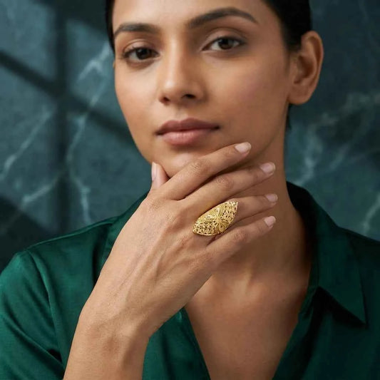Premium Gold Plated Leaf Filigree Statement Ring for Women | Adjustable Designer Cocktail Ring - GEHNA OFFICIAL