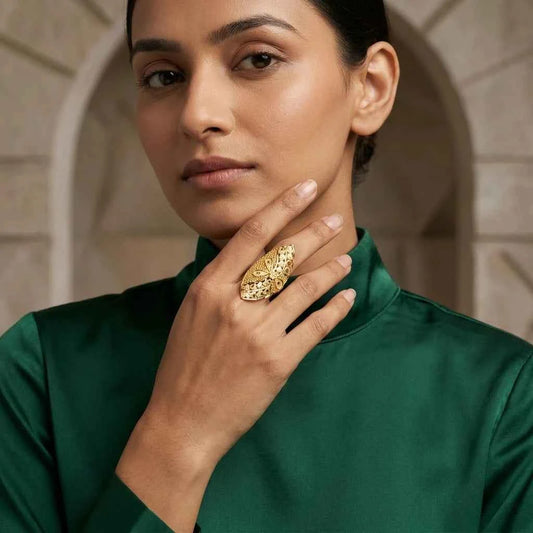 Premium Gold Plated Leaf Filigree Statement Ring for Women | Adjustable Designer Cocktail Ring - GEHNA OFFICIAL