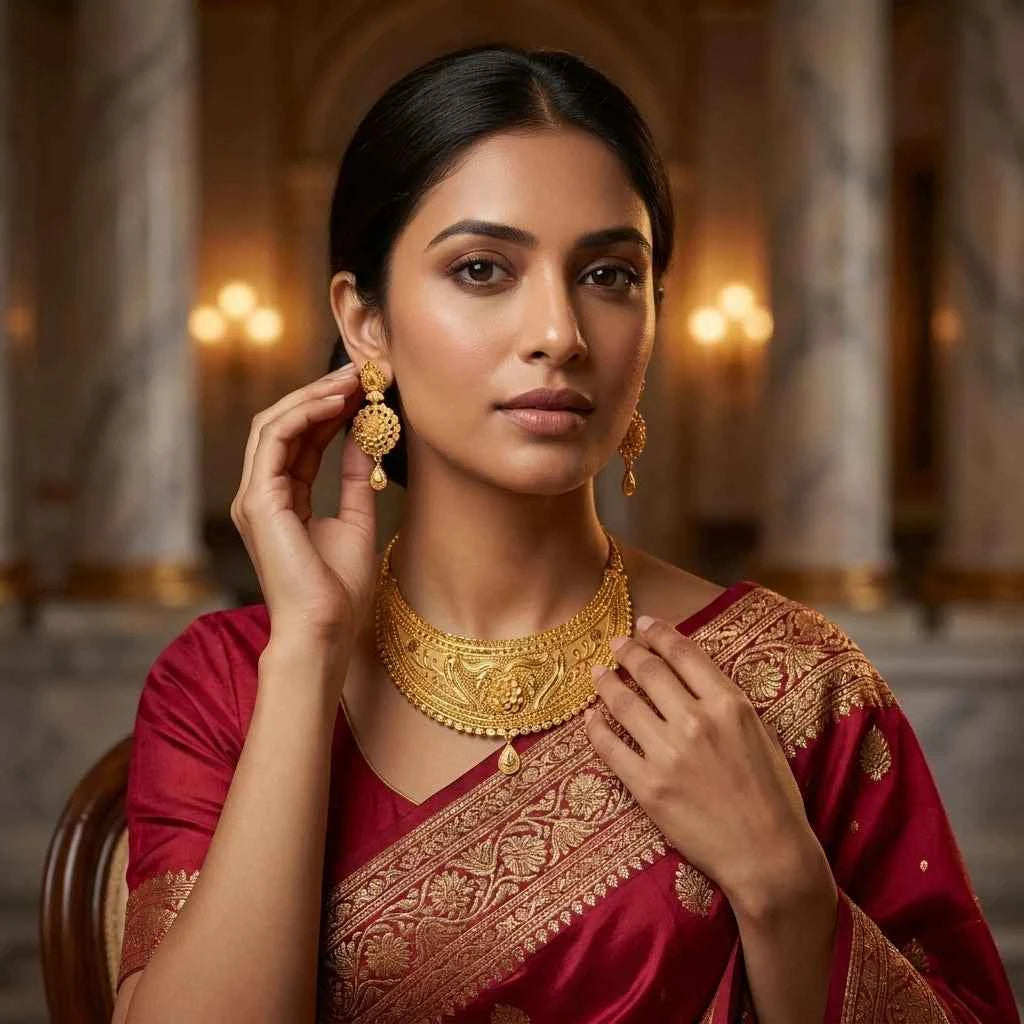Premium Gold Plated Royal Floral Statement Necklace Set for Women | Luxury Designer Wedding Jewellery - GEHNA OFFICIAL