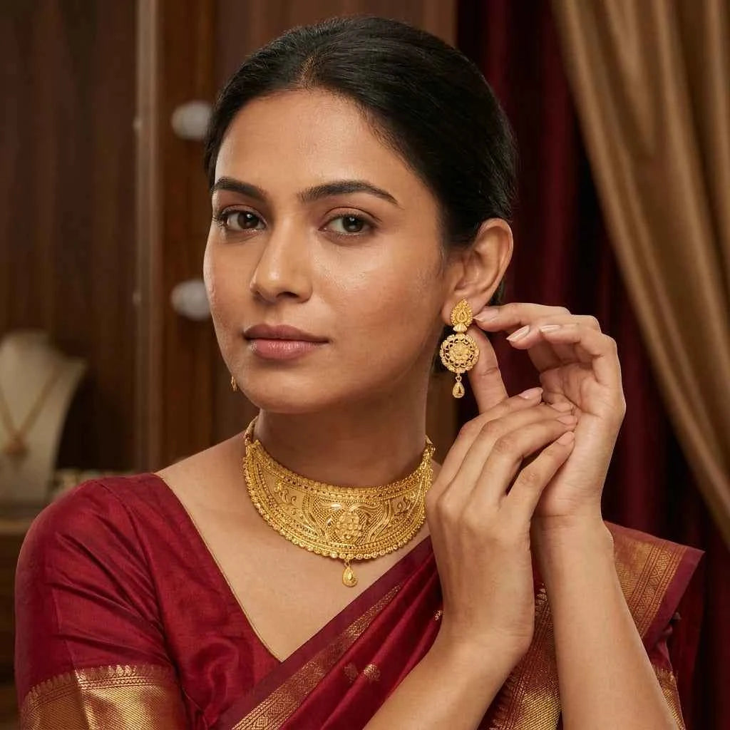 Premium Gold Plated Royal Floral Statement Necklace Set for Women | Luxury Designer Wedding Jewellery - GEHNA OFFICIAL